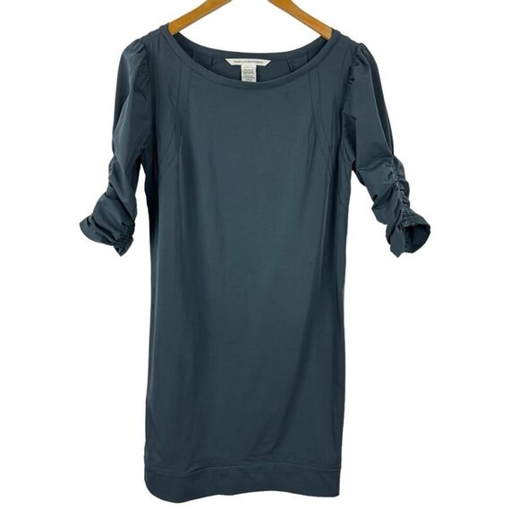 DVF Diane Von Furstenberg Katy Dress Stretch Gray Blue Poplin Ruching Sleeve 4 - Picture 1 of 15